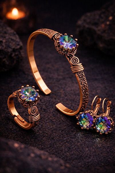 İyyaKee Kadın Bakır Bileklik Yüzük Küpe Takım Seti Doğal Mistik Topaz Yuvarla...