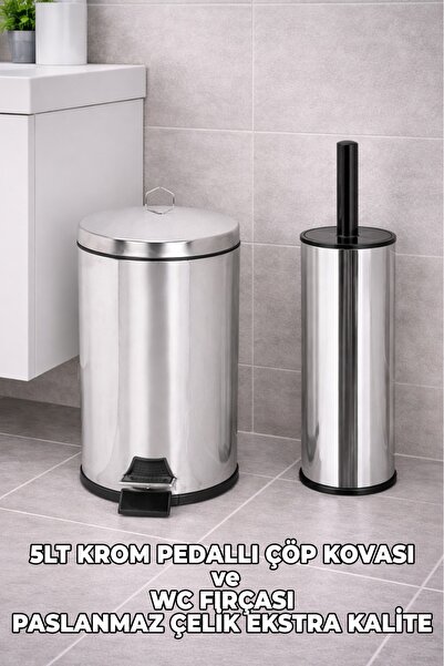 Torbeks 2'si 1 Arada Krom WC Seti 5LT Çöp Kovası ve Wc Fırçası - 1. Kalite Pa...