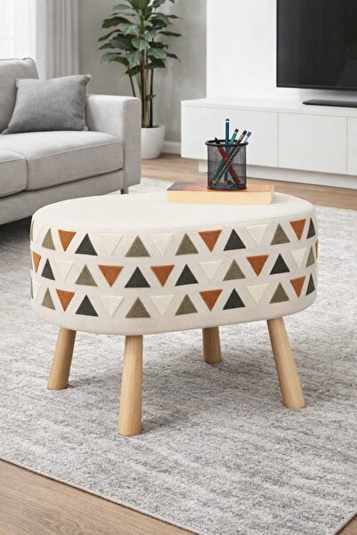 PUFMANYA DEFNE PUNCH NAKIŞLI YÜKSEK KALİTE DOĞAL AHŞAP BOHEM AYAKLI OVAL PUF