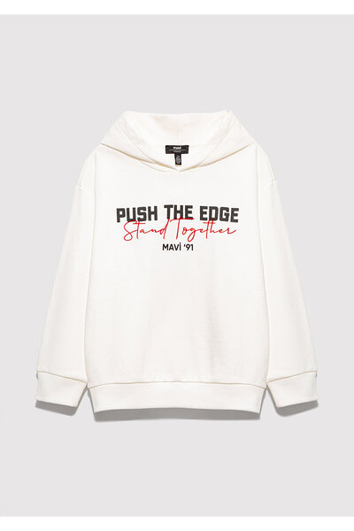 Mavi Stand Together Baskılı Kapüşonlu Ekru Sweatshirt 6S10181-70057