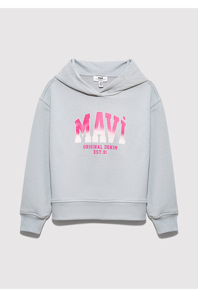 Mavi Logo Baskılı Kapüşonlu Gri Sweatshirt 7S10179-70075