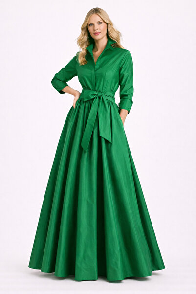 UNTIMELY فستان قميص طويل من التفتا الأخضر مع حزام