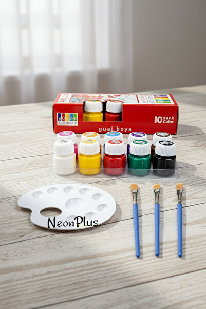 NEON PLUS Guaj Boya 10x20ml, Palet, 3 Adet Fırça