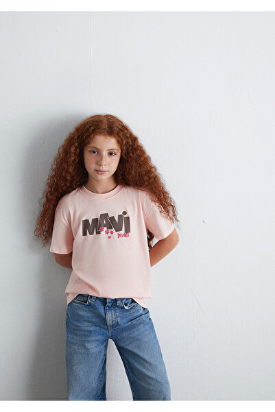 Mavi Pati Baskılı Pembe Tişört Loose Fit / Bol Rahat Kesim 7610361-90974