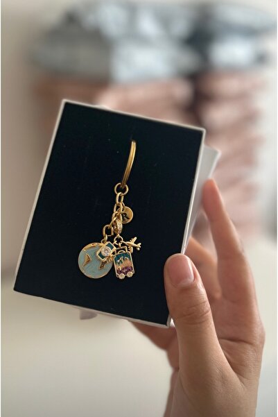 İS DESING İki Harfli Dünya Anahtarlık Uçak Charmlı Gold Turkuaz