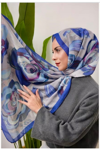 EŞİYOK Desenli Pamuk İpek Soft Lila-Mavi Şal