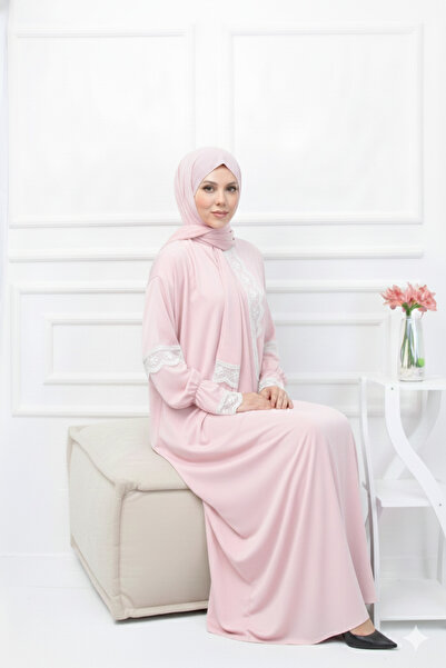 Defka Kendinden Başörtülü Şık Dantelli Kadın Tesettür Namaz Elbisesi