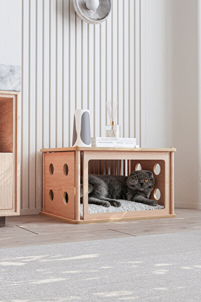 Wooden Studio Ahşap Kedi Evi ve Kafesi | Sehpa Olarak Kullanılabilen Tekli Ke...