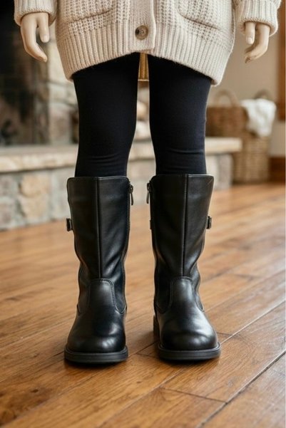 LUCEVERA Girl's Black Long Boots |   Zippered Buckle Winter Casual Boots
