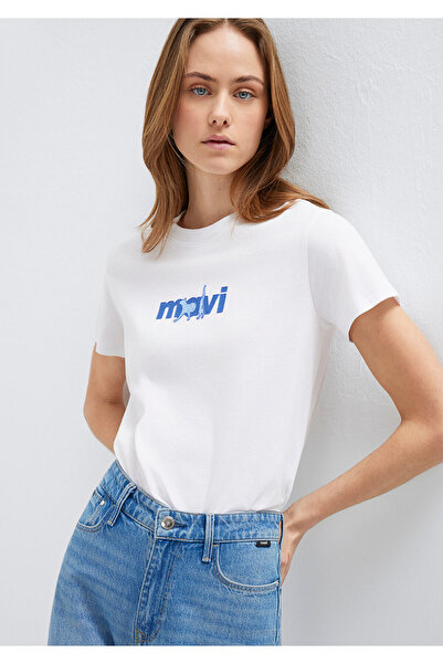 Mavi Biele tričko s potlačou mačky, poloslim fit / polosťavový strih 1613287-620