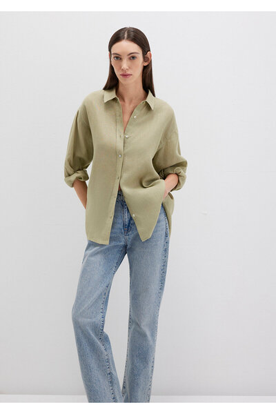 Mavi Yeşil Keten Gömlek Loose Fit / Bol Rahat Kesim 1210747-70333