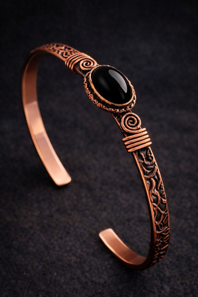 İyyaKee Erkek Kadın Bakır Bileklik Doğal Oniks Taşı Kadın Kelepçe Bilezik