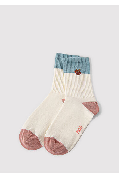 Mavi Sincap Nakışlı Bej Soket Çorabı 1912740-70057