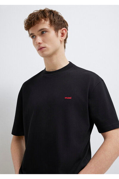 Mavi Schwarzes Basic-T-Shirt mit Logo-Print, lockere Passform / lockere, ents...