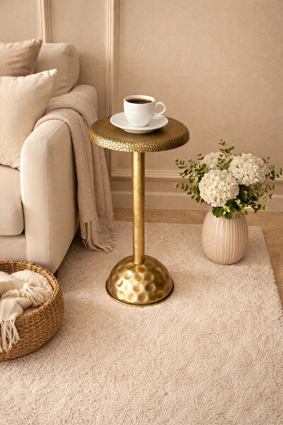 Valda Fırçalanmış Gold Dövme Demir Şık Kahve Sunum Sehpası 25x55 cm