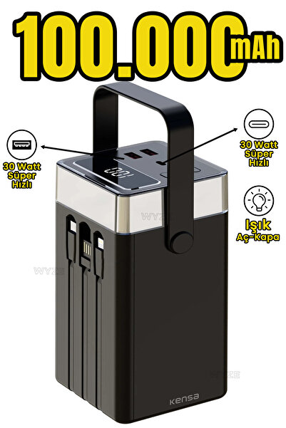 Wyze 100.000 Mah 22.5 WATT PD Hızlı Kendinden Kablolu Taşınabilir Powerbank D...