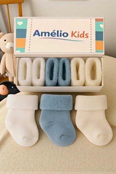 Amélio Kids Havlu Kışlık Erkek Bebek Çorabı / 3'lü Kutulu / Premium / Yeni Doğan