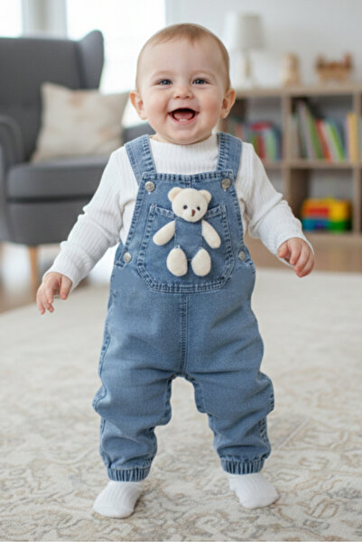 EYMİRGİYİM Transitional Denim Overalls with Teddy Bear Unisex Baby Kids Set o...