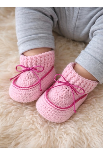 seraskids El Örgüsü Pembe Rengi Kız Bebek Kışlık Bot Patik | El Yapımı Lastik...