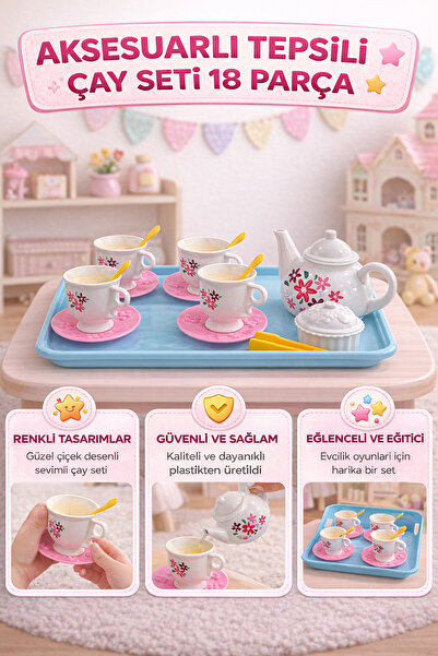 YILDIRIM OYUNCAK 18 Parça Bardaklı Aksesuarlı Tepsili Kaliteli Evcilik Seti T...