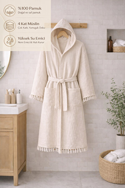 CESSTORE %100 Pamuk 4 Kat Müslin Unisex Kapüşonlu Bornoz, Yüksek Su Emici, Na...