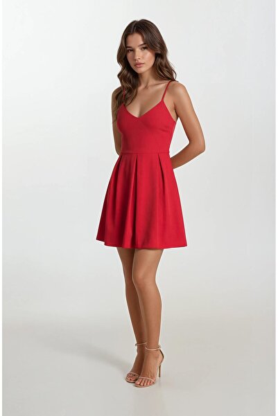 Spazio Cavazos İnce Askılı V Yaka Kısa Elbise KIRMIZI