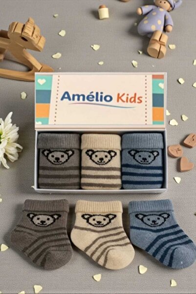 Amélio Kids 3'lü Yenidoğan Bebek Ayıcık Desenli/Kışlık/Kutulu/ Havlu Çorap