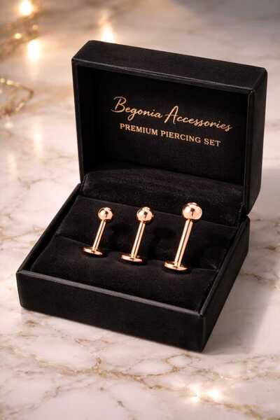 Takıparkxs 316L Cerrahi Çelik Rose Gold 3’lü Set 6-8-10 mm Top Uçlu Burun Kul...