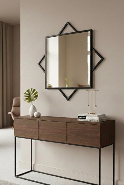 Ahzen Cam Dekoratif Siyah Metal (Alüminyum) Çerçeveli Geometrik Kare Duvar Ay...