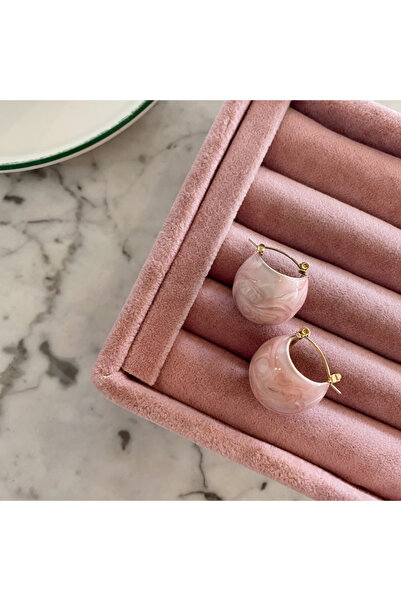 Haziran Accessory Midye Model Pink Color, Steel Gold Women's Earrings