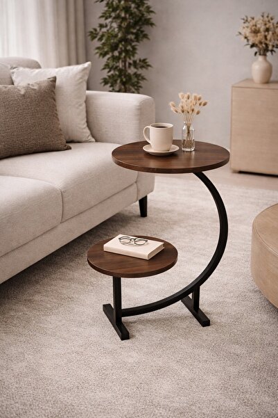 Golden Bark Side table, service table, modern round 2-shelf brown