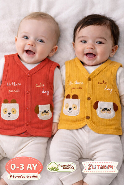 Onouqo Set of 2 Mini Friends Cotton Animal Figured Baby Vest for 0-3 Months -...