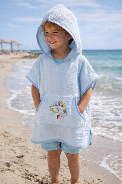 NOİSY TEKSTİL 4-Layer Muslin Embroidered Hooded Poncho |   Beach & Pool |   1...