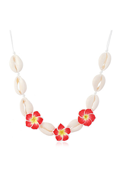 OEM Shell and Floral Necklace, Adjustable Length, Cord Closure, Red