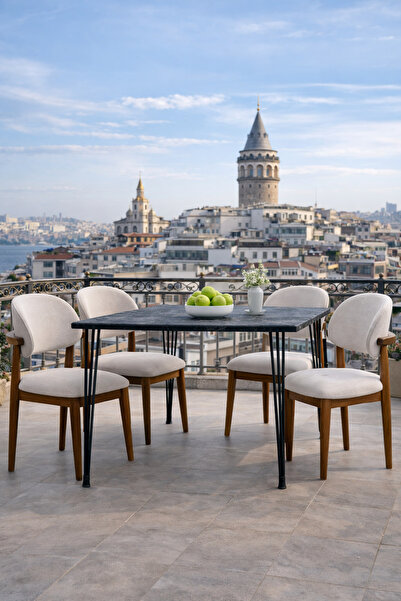 Lif Mobilya 4 Kişilik Polo Sandalye Yemek Takımı Mermer Desen MDF Masa Metal ...