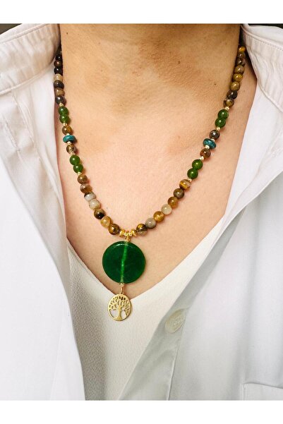 DEVİ fashion Tiger's Eye Natural Stone Tree of Life Necklace 50 cm