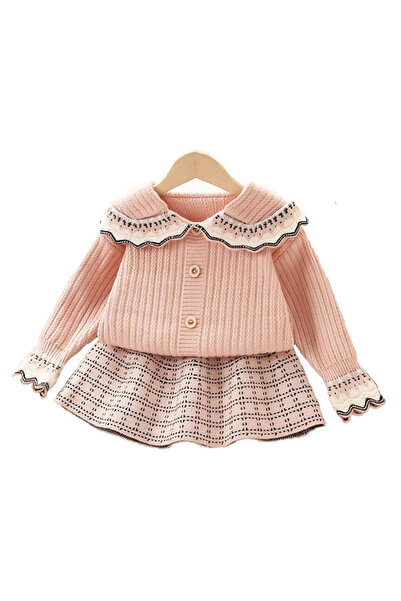 OEM Compleu pentru fetite, pulover si fusta, 130cm/6-7ani, set 2 piese, roz/alb