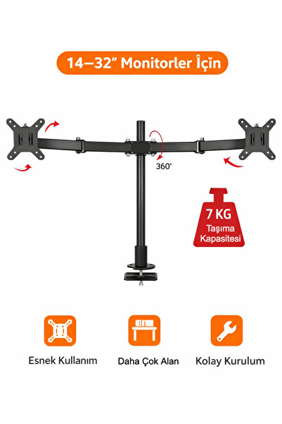 MDS Çift Kollu Monitör Standı 14–32 İnç VESA Uyumlu Masaüstü Ayarlanabilir 2’...