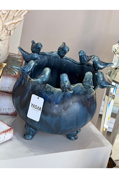 YASAR CONCEPT مزهرية فولار مزخرفة بطيور باللون الأزرق الداكن 28×24 سم