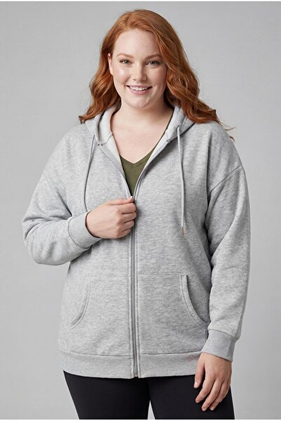 Ebsumu Hanorac de damă de mărime mare, gri gros, cu fermoar