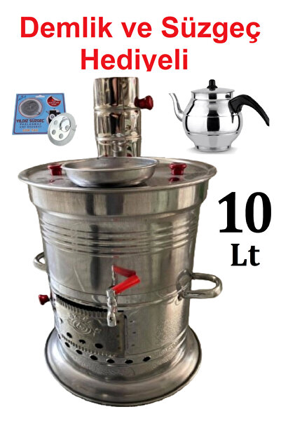 sobapark 10 Litre Paslanmaz Krom Odunlu Kömürlü Çay Semaveri Odunlu Kömürlü S...