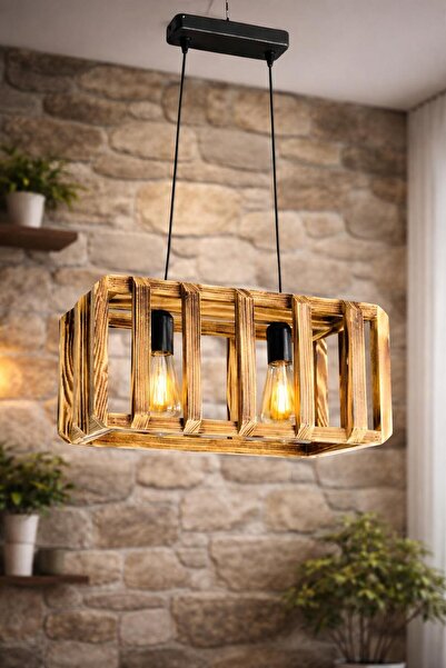 ONUR AVİZE Retro Rustik Eskitme Bohem El Yapımı İkili Doğal Ahşap İkili Avize