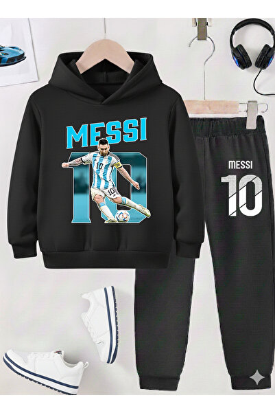 stil x Момчешки спортен екип с принт на Меси, 3-нишка шерпа плат