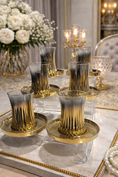 silvia home decor 12 Parça 6 Kişilik Elysia Model Titanyum Kaplama Cam Çay Se...
