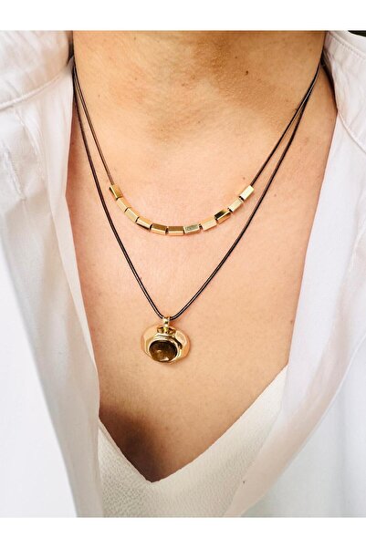 DEVİ fashion Steel Double Separate Inserted Natural Stone Tiger's Eye Pendant