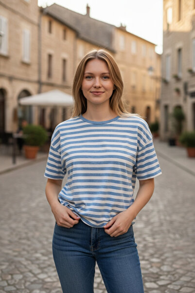 AHMERA Women's Blue Striped Oversize Short Sleeve Cotton Crop T-Shirt