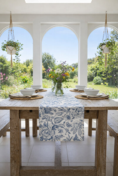 Rona Home Şık Mavi Çiçekli Kaliteli Kumaş Runner Ranir Yemek Masası Dekoru Ru...