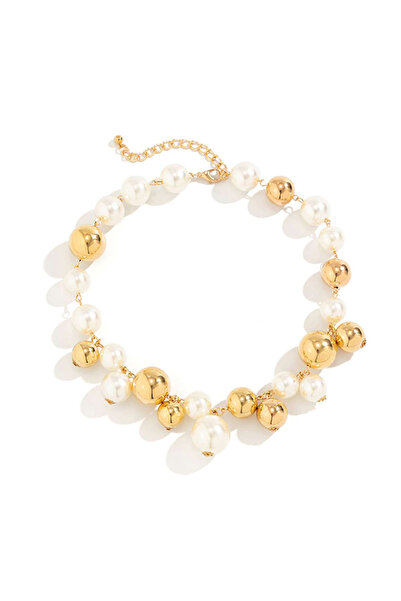 OEM Colier cu mărgele perlate și argintii, lungime reglabilă, auriu perlat