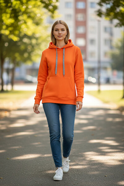 AHMERA Unisex Orange Regular Fit Hooded Kangaroo Pocket Cuffed Sweatshirt