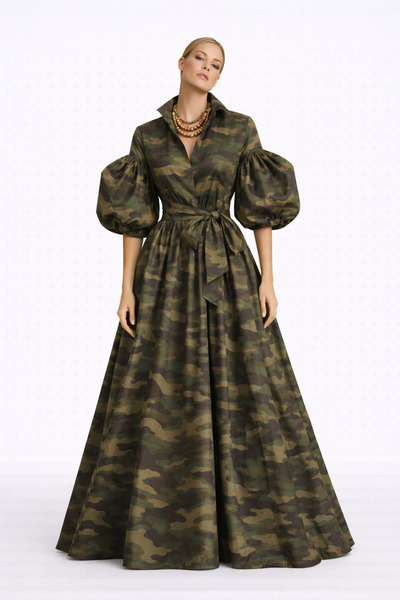 MERT ERKAN Balon Kol Detaylı Kamuflaj Poplin Maxi Şık Davet Elbisesi